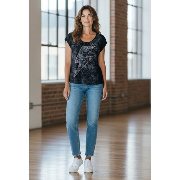 Black Animal Leopard Cheetah Print Lightning Bolt Hi-Low Shirt Top Size XL - Picture 6 of 6